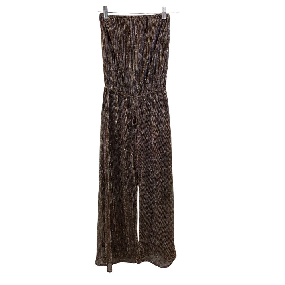 Robertson & Rodeo Jumpsuit Womens S Black Gold Metallic Sheer Strapless Wide Leg